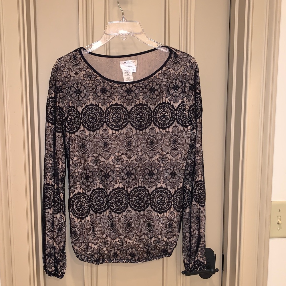 Black lace over nude lining long sleeve top